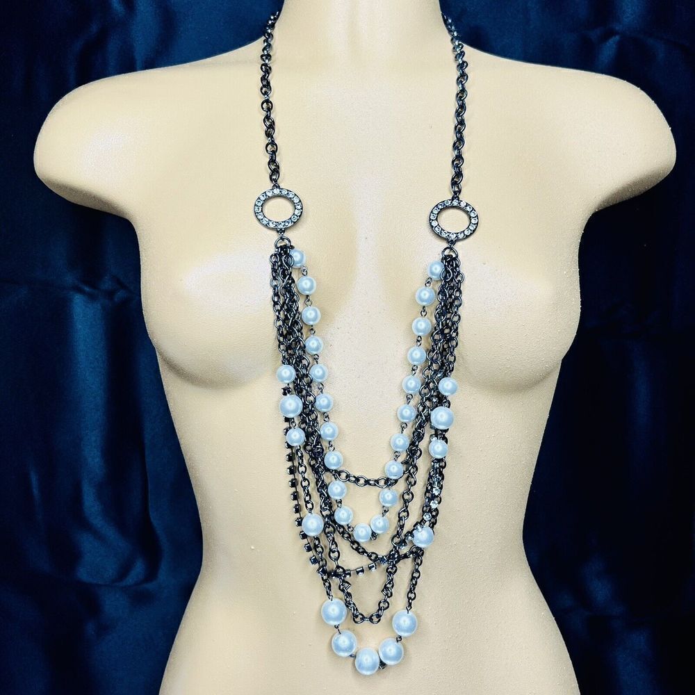 New York Company Statement Gunmetal Gray Rhinestone Pearl Layered Necklace 4100